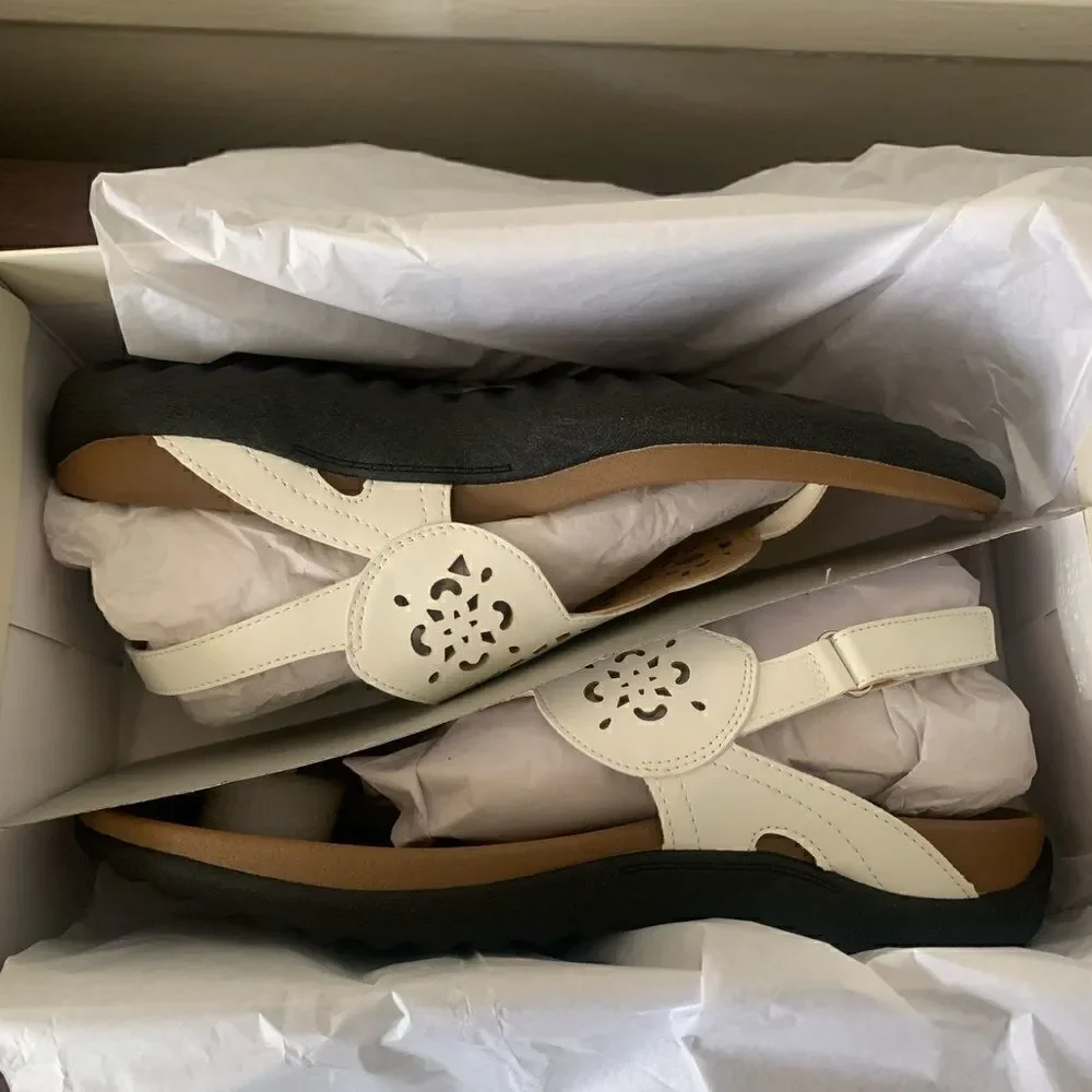 Rockport Women’s sling back leather flat white sandal Sz 11, NIB